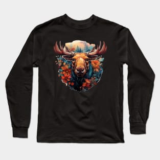 Moose Colorful Floral Long Sleeve T-Shirt